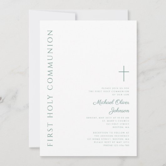 Modern Elegant Groen Kruis Eerste Heilige Communie Kaart (Voorkant)
