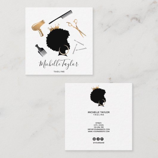 Modern Elegant Haarstylist Afro American Woman Vierkante Visitekaartje (Voorkant / Achterkant)