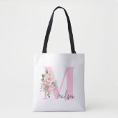 Modern Elegant Initiaal Naam Roze Bloemen Monogram Draagtas (Voorkant)