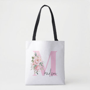 Modern Elegant Initiaal Naam Roze Bloemen Monogram Draagtas
