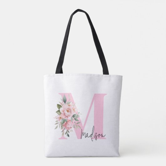 Modern Elegant Initiaal Naam Roze Bloemen Monogram Draagtas (Achterkant)