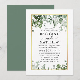 Modern Elegant Ivy Ferns Sage Green Gold Wedding Kaart