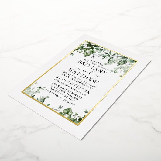 Modern Elegant Ivy Ferns Sage Green Wedding Gold Folie Uitnodiging (Gedraaid)