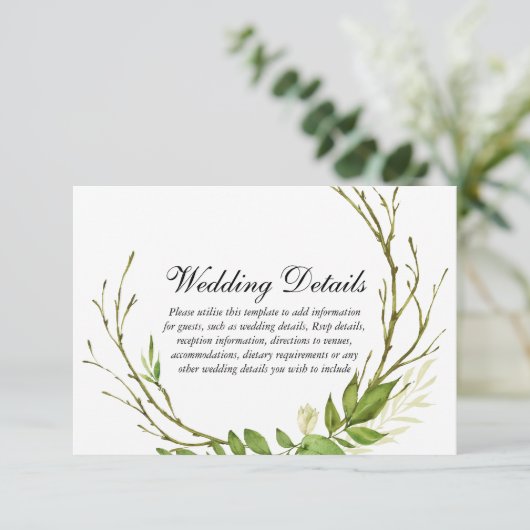 Modern elegant lef Wreath Wedding Details Informatiekaartje (Staand voorkant)