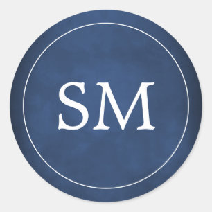Modern Elegant Marine Blauw Wit Bruiloft Monogram Ronde Sticker
