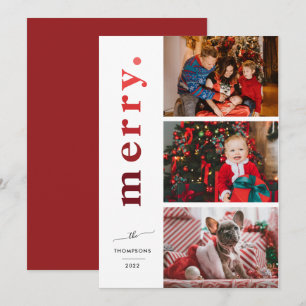 Modern Elegant Merry Ombre Red Foto Holiday Kaart
