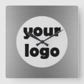 Modern Elegant Metallic Solid Silver Logo Vierkante Klok (Voorkant)