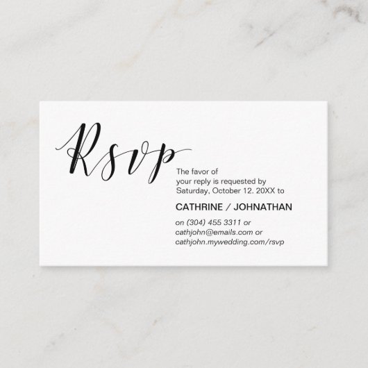 Modern Elegant, minimaal, zwart script, RSVP Informatiekaartje (Voorkant)