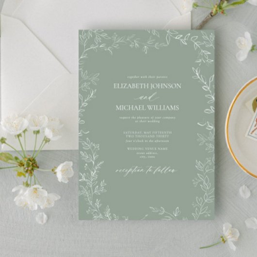 Modern Elegant Minimal Leaf Sage Green Wedding Kaart