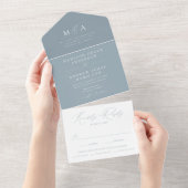 Modern Elegant Monogram Dusty Blue Wedding All In One Uitnodiging (Afscheurbaar)