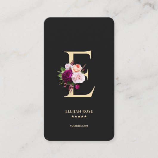 Modern Elegant Monogram E Bloemen Zwart Goud Visitekaartje (Voorkant)