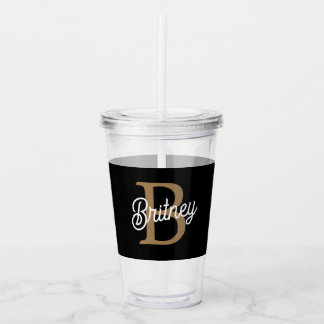 Modern Elegant Monogram Naam Zwart Goud Script Acryl Drinkbeker