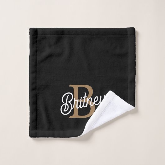 Modern Elegant Monogram Naam Zwart Goud Script Bad Handdoek (Wasdoekje)