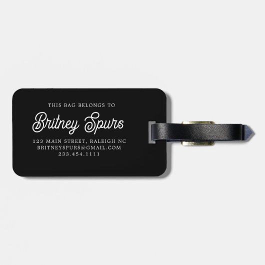 Modern Elegant Monogram Naam Zwart Goud Script Bagagelabel (Achterkant horizontaal)