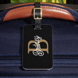 Modern Elegant Monogram Naam Zwart Goud Script Bagagelabel