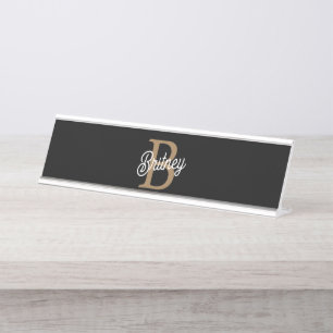 Modern Elegant Monogram Naam Zwart Goud Script Bureau Naambordje