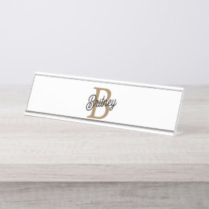 Modern Elegant Monogram Naam Zwart Goud Script Bureau Naambordje