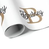 Modern Elegant Monogram Naam Zwart Goud Script Cadeaupapier (Rol Hoek)