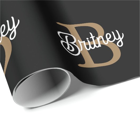 Modern Elegant Monogram Naam Zwart Goud Script Cadeaupapier (Rol Hoek)