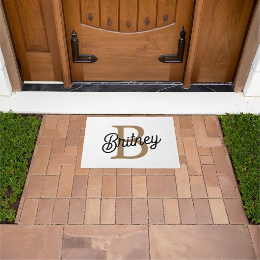 Modern Elegant Monogram Naam Zwart Goud Script Deurmat (Buiten)