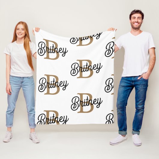 Modern Elegant Monogram Naam Zwart Goud Script Fleece Deken (In situ)