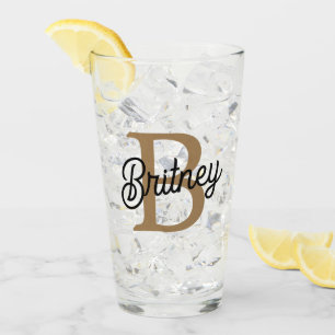 Modern Elegant Monogram Naam Zwart Goud Script Glas