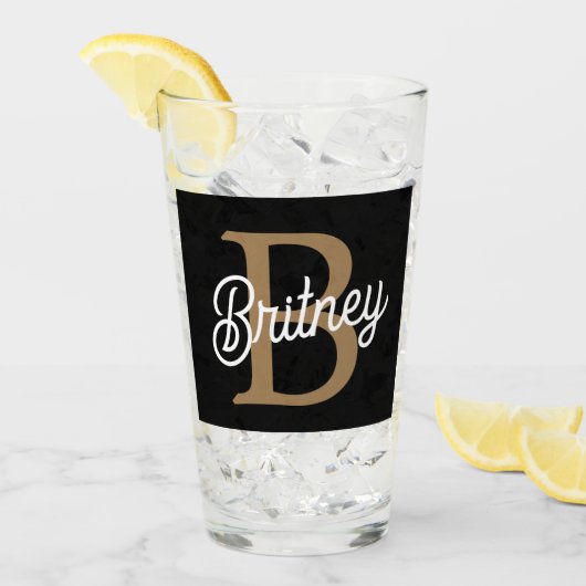 Modern Elegant Monogram Naam Zwart Goud Script Glas (Voorkant ijs)