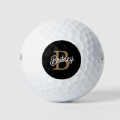 Modern Elegant Monogram Naam Zwart Goud Script Golfballen (Voorkant)
