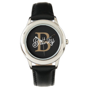 Modern Elegant Monogram Naam Zwart Goud Script Horloge