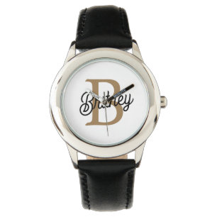 Modern Elegant Monogram Naam Zwart Goud Script Horloge