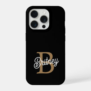 Modern Elegant Monogram Naam Zwart Goud Script iPhone 15 Pro Hoesje