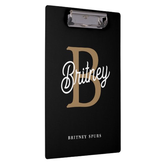Modern Elegant Monogram Naam Zwart Goud Script Klembord (Rechts)
