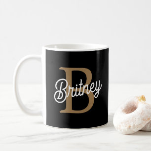 Modern Elegant Monogram Naam Zwart Goud Script Koffiemok