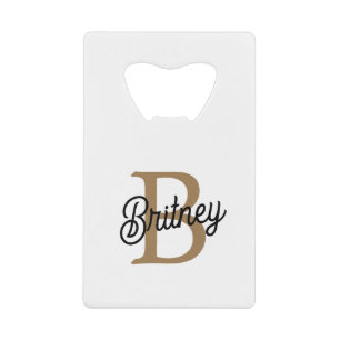 Modern Elegant Monogram Naam Zwart Goud Script Kredietkaart Flessenopener