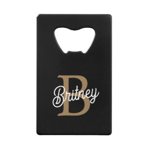 Modern Elegant Monogram Naam Zwart Goud Script Kredietkaart Flessenopener