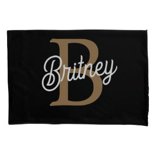 Modern Elegant Monogram Naam Zwart Goud Script Kussensloop