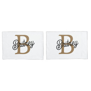 Modern Elegant Monogram Naam Zwart Goud Script Kussensloop