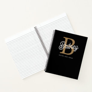 Modern Elegant Monogram Naam Zwart Goud Script Notitieboek