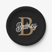 Modern Elegant Monogram Naam Zwart Goud Script Papieren Bordje (Voorkant)