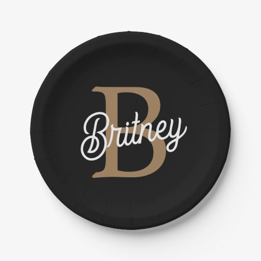 Modern Elegant Monogram Naam Zwart Goud Script Papieren Bordje (Voorkant)