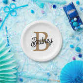 Modern Elegant Monogram Naam Zwart Goud Script Papieren Bordje (Feest)