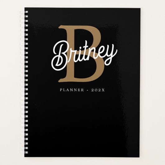 Modern Elegant Monogram Naam Zwart Goud Script Planner (Voorkant)