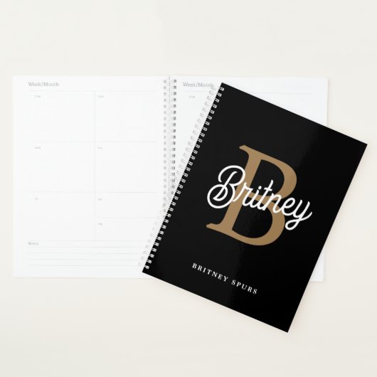 Modern Elegant Monogram Naam Zwart Goud Script Planner (Display)