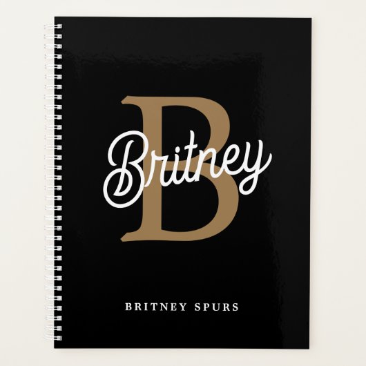 Modern Elegant Monogram Naam Zwart Goud Script Planner (Voorkant)