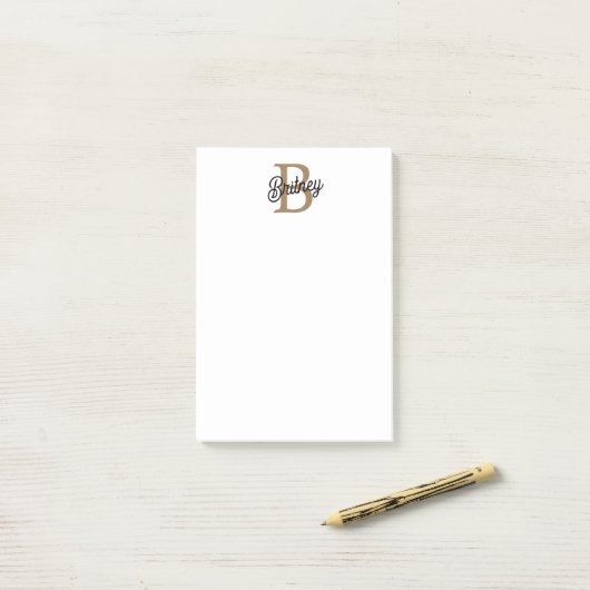 Modern Elegant Monogram Naam Zwart Goud Script Post-it® Notes (Op bureau)