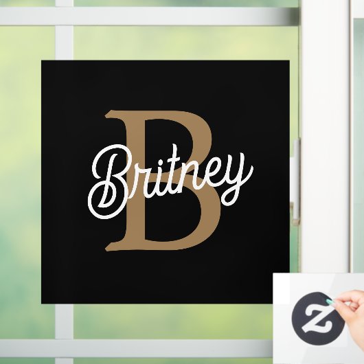 Modern Elegant Monogram Naam Zwart Goud Script Raamsticker (Huis)