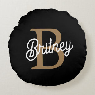 Modern Elegant Monogram Naam Zwart Goud Script Rond Kussen