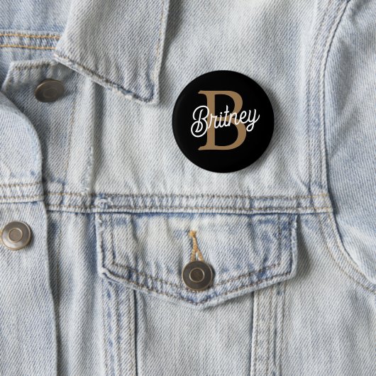Modern Elegant Monogram Naam Zwart Goud Script Ronde Button 5,7 Cm (In situ)