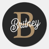 Modern Elegant Monogram Naam Zwart Goud Script Ronde Sticker (Voorkant)