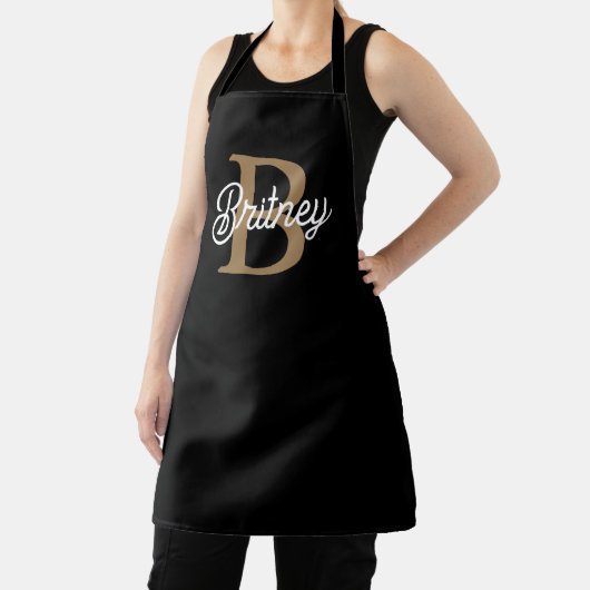 Modern Elegant Monogram Naam Zwart Goud Script Schort (Insitu)
